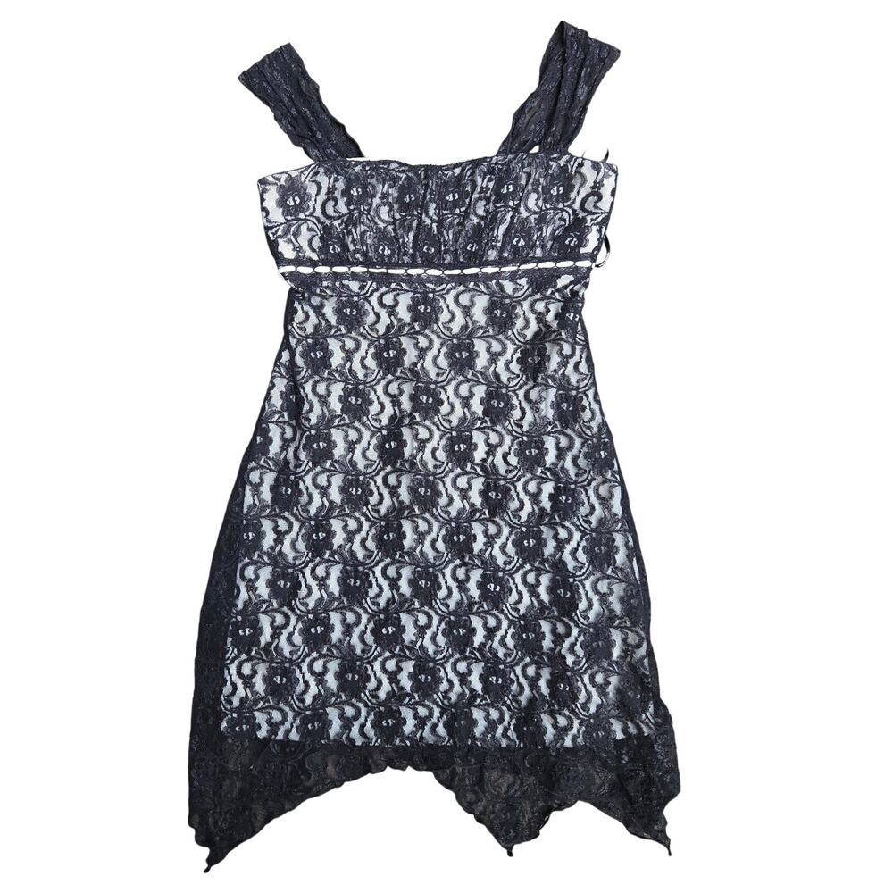 My Michelle Vtg 90s Y2K Fairy Whimsigoth Black Lace Babydoll Hanky Hem Dress L - Picture 2 of 11